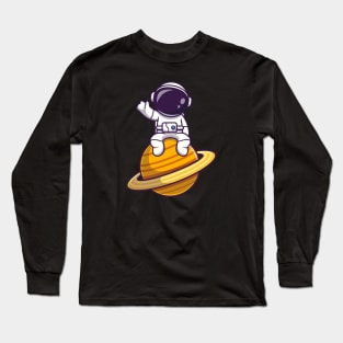 Cute Astronaut Sitting On Planet Waving Long Sleeve T-Shirt